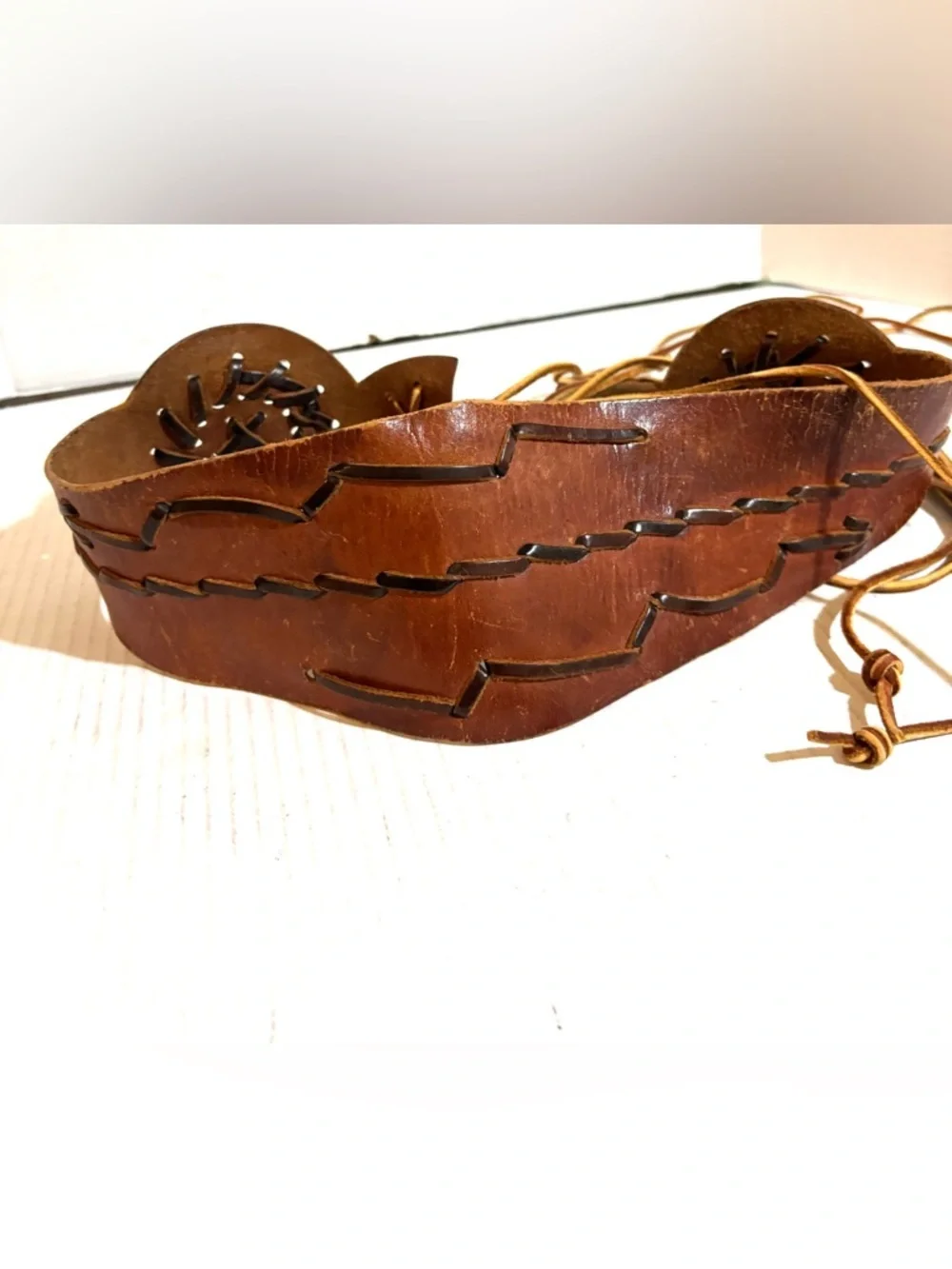 Vintage distressed Leather Waist Belt in Brown with Lace